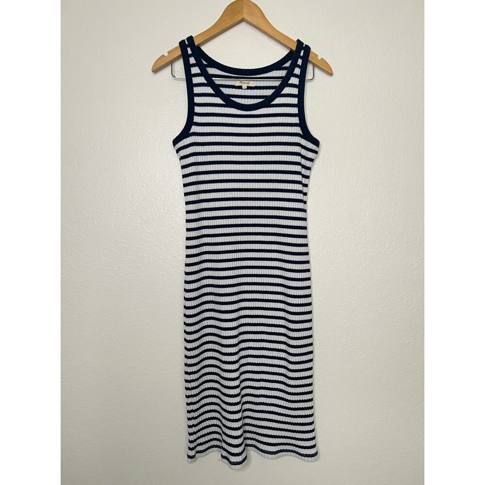Madewell Ribbed Tank Scoop Midi Dress Classic Navy and White Stripe Size Large